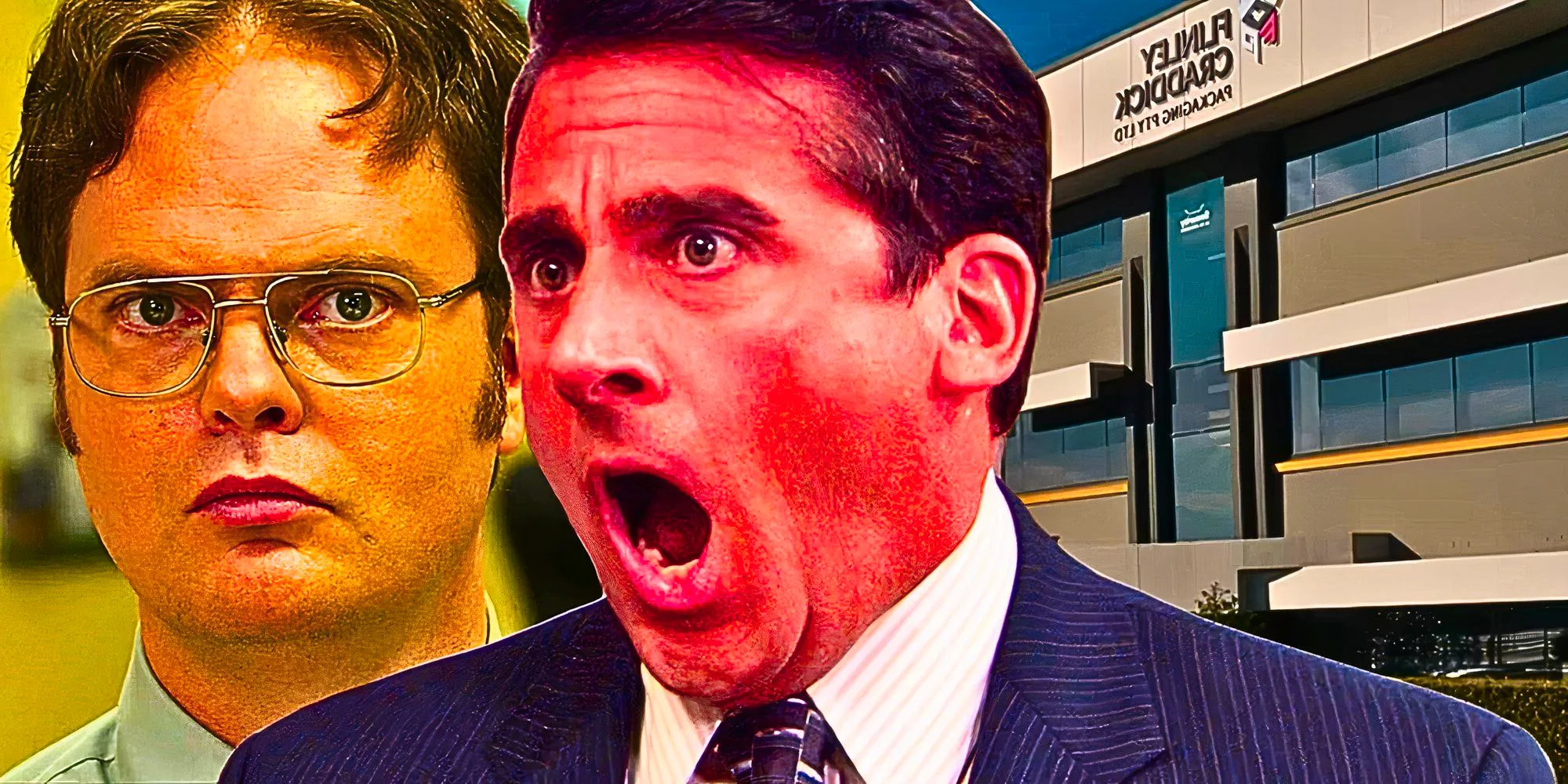 Custom image of Stevel Carell screaming as Michael Scott in The Office as Rainn Wilson's Dwight Schrute looks blank Image