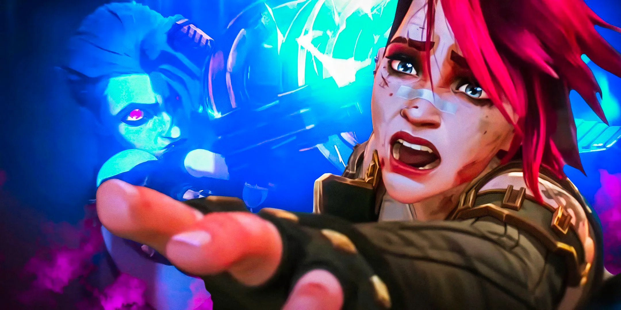 Custom Image of Vi reaching out her hand and Jinx firing a weapon in Arcane season 2 Image