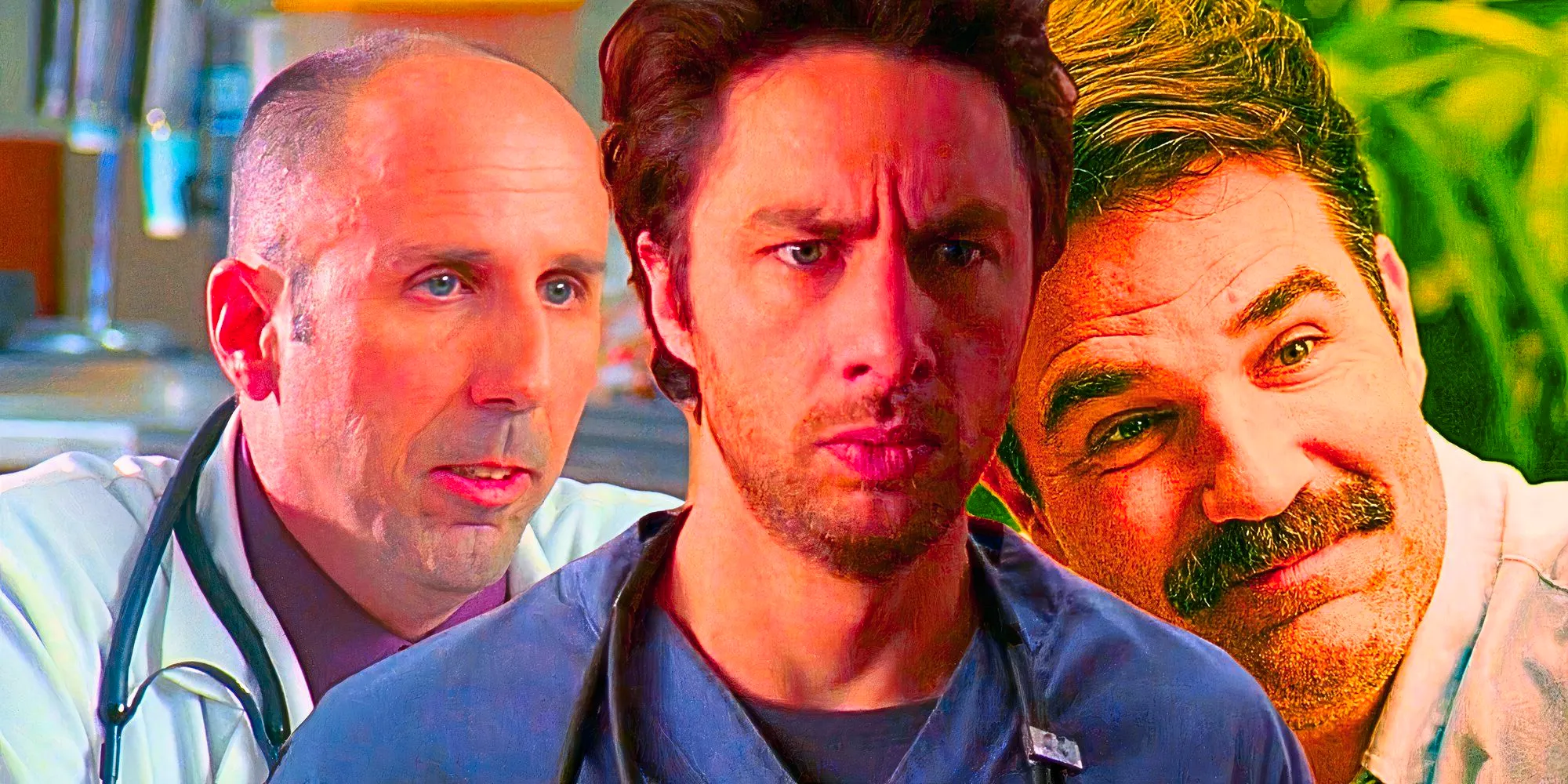 Custom image of Zach Braff's JD in Scrubs, Bob Clenendin as Dr. Zeltzer in Scrubs, and Rob Delaney as Nick Stripling in Bad Monkey Image