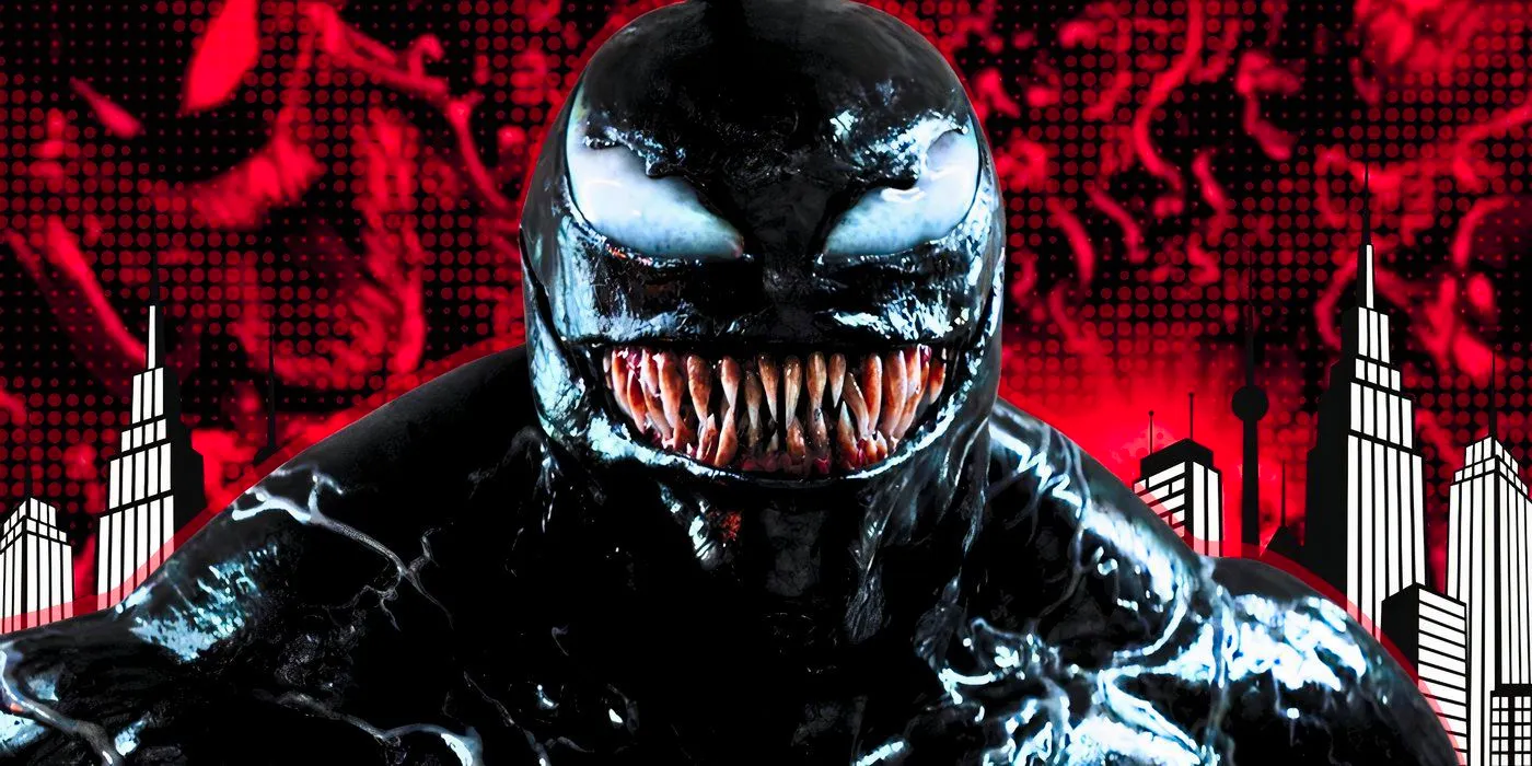 Custom image osf Sony's Venom smiling on a red cityscape background Image