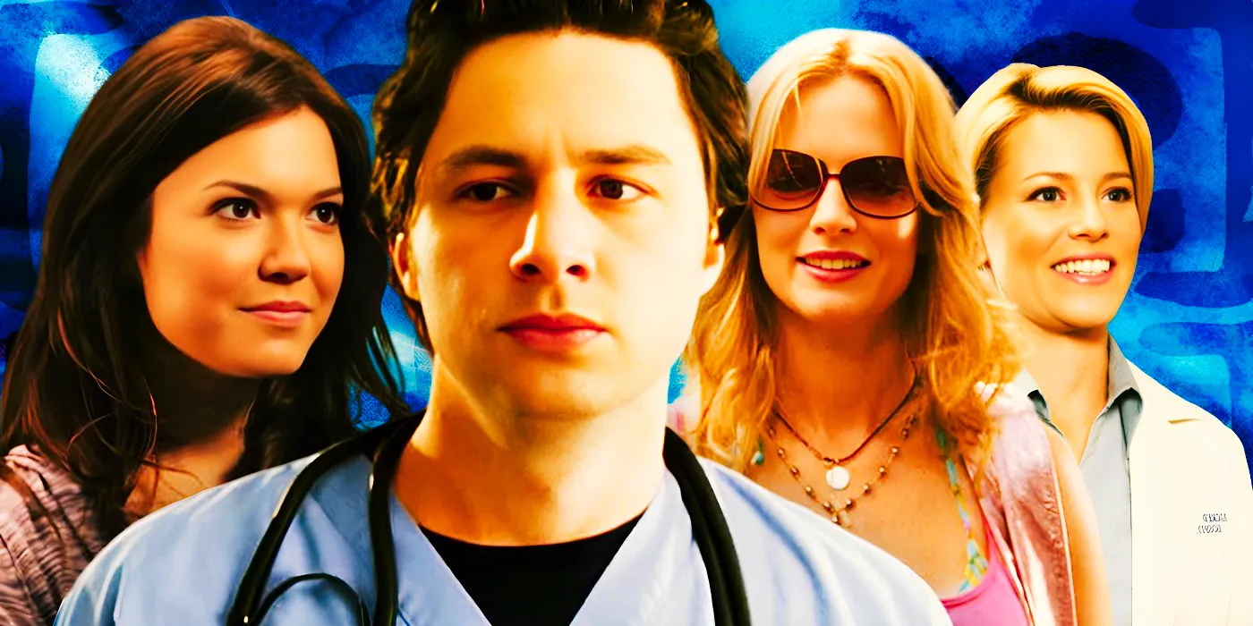 Custom Scrubs image of Elizabeth Banks as Kim, Heather Graham as Molly, Zach Braff as JD, and Mandy Moore as Julie Image