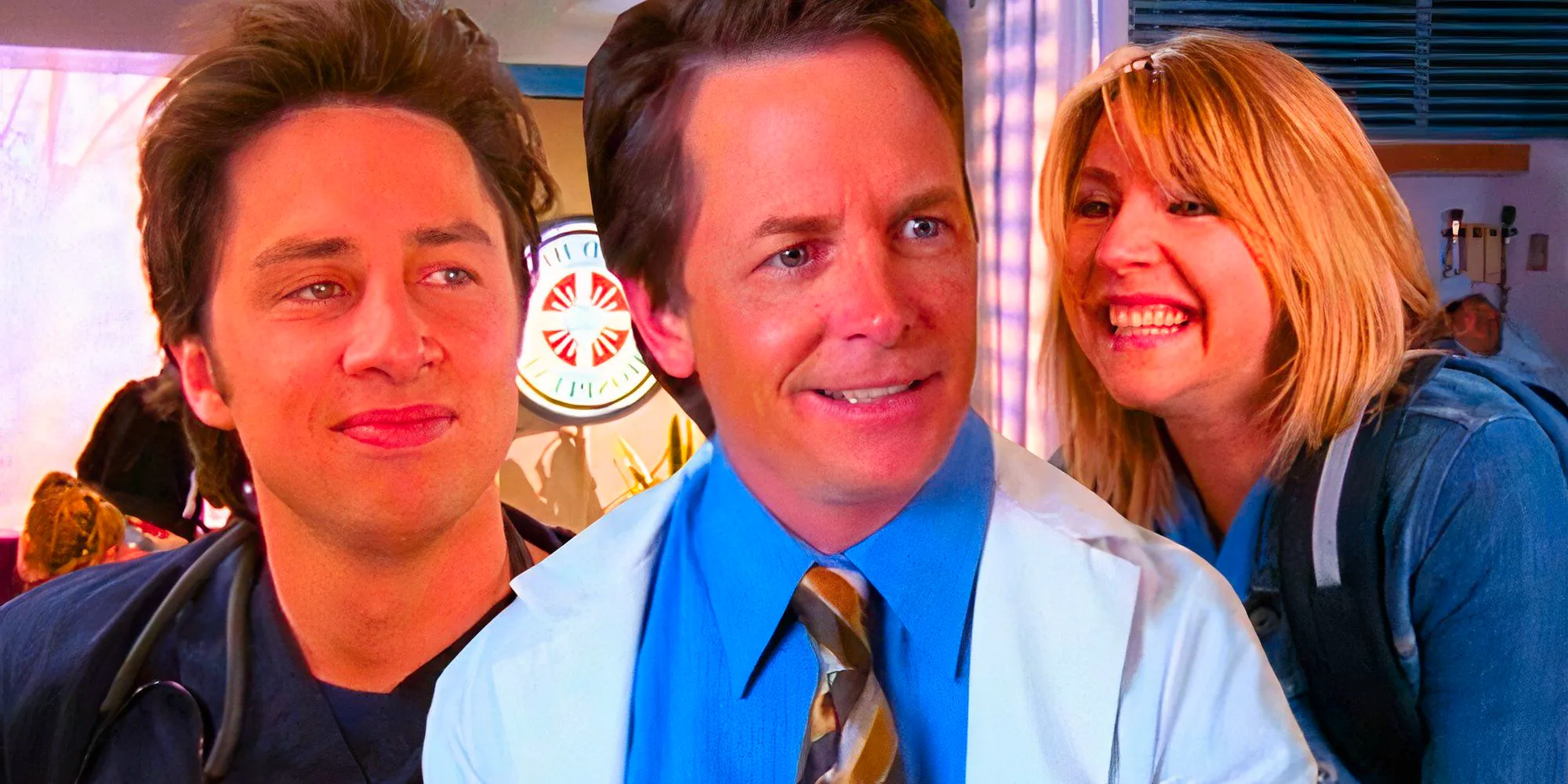 Custom Scrubs Image of Sarah Chalke as Elliot Reid, Michael J. Fox as Kevin Casey and Zach Braff as John  Image