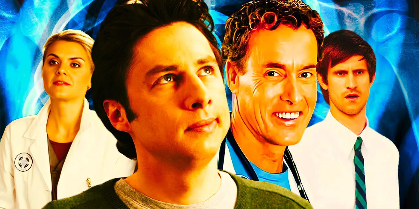 Custom Scrubs image of Shaughn Buchholz as Cabbage, John C. McGinley as Dr. Cox, Zach Braff as JD, and Eliza Coupe as Denise Mahoney Image