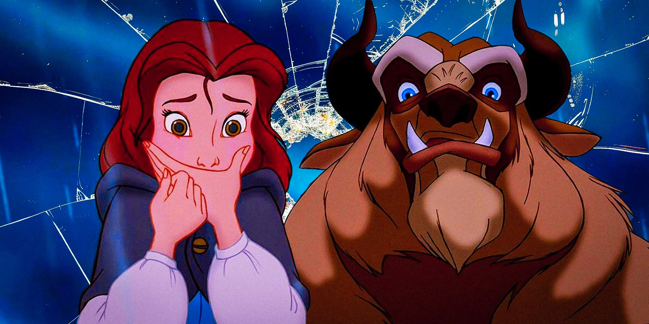 Cutouts of Belle and Beast against a blue cracked mirror background. Image