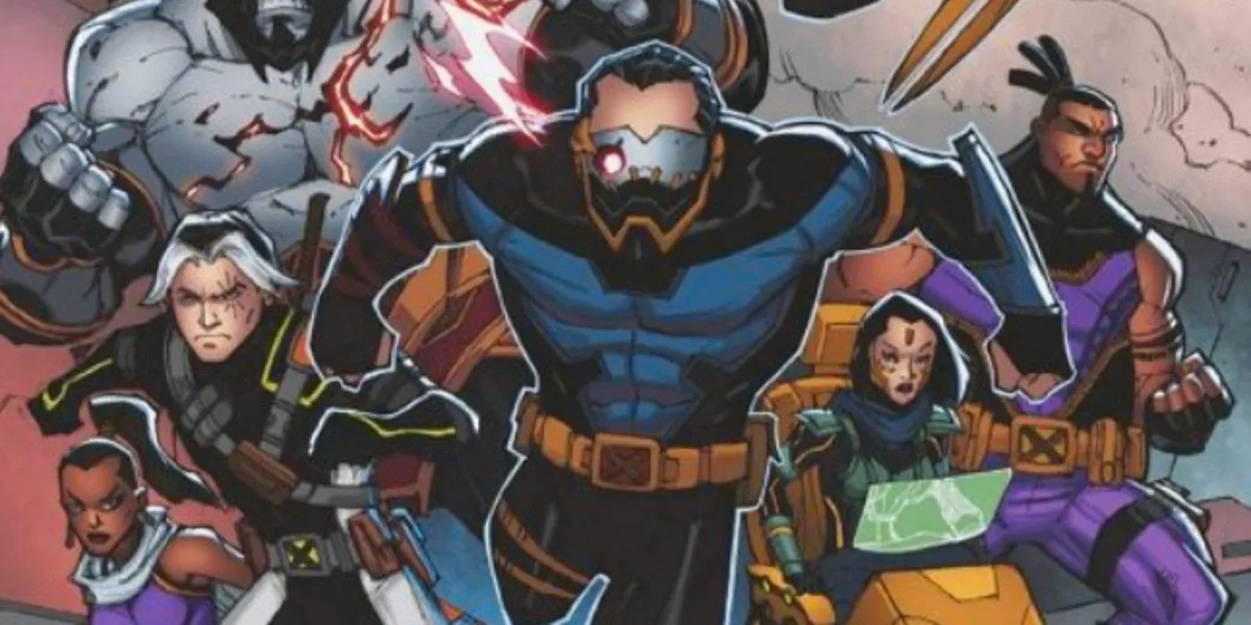 Cyclops 2099 wears a black and blue suit with a metallic visor highlighting his one eye as he runs into action, other X-Men behind him. Image