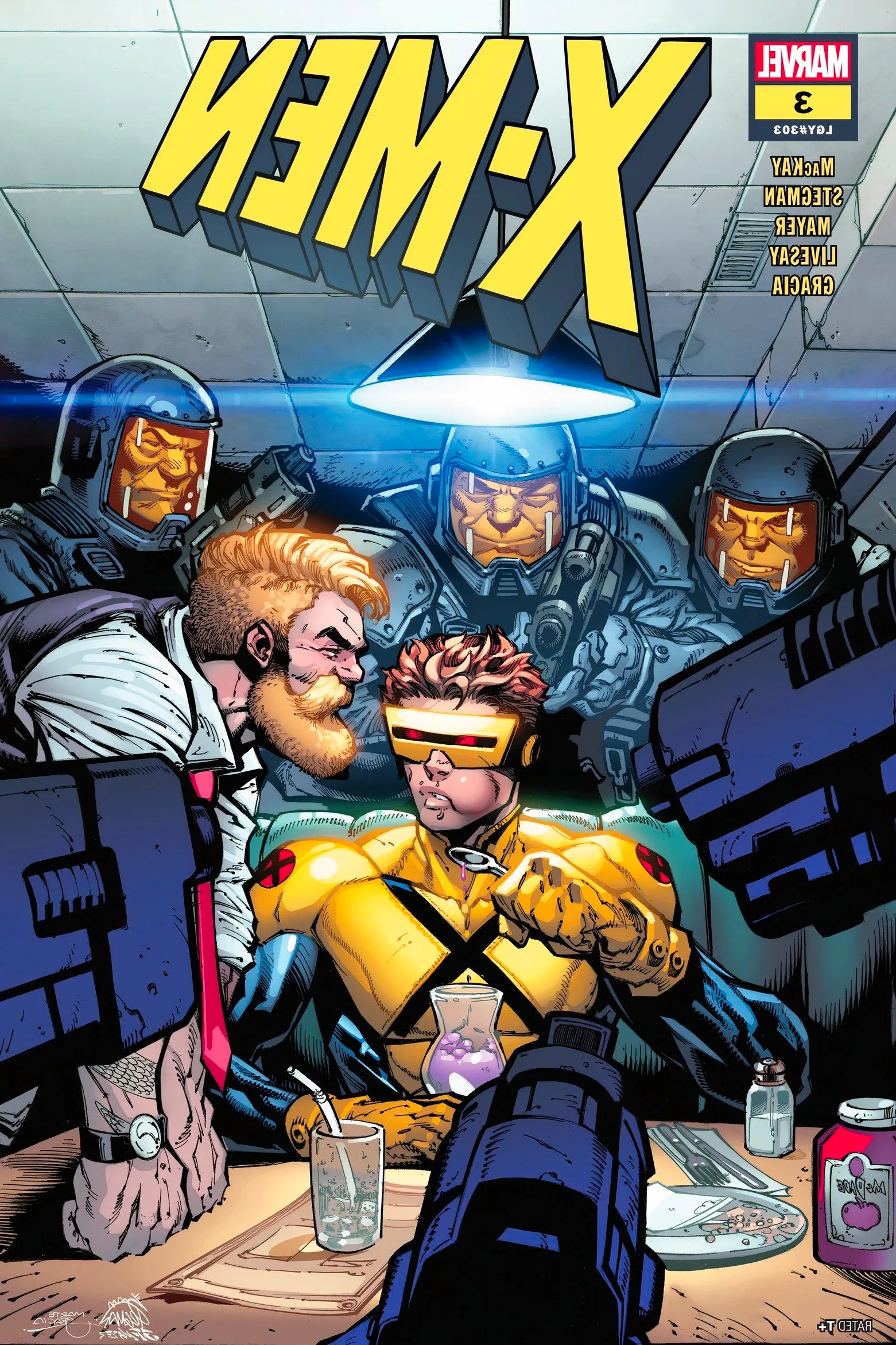 Cyclops eats ice-cream while surrounded by O.N.E. agents with drawn guns.  Image