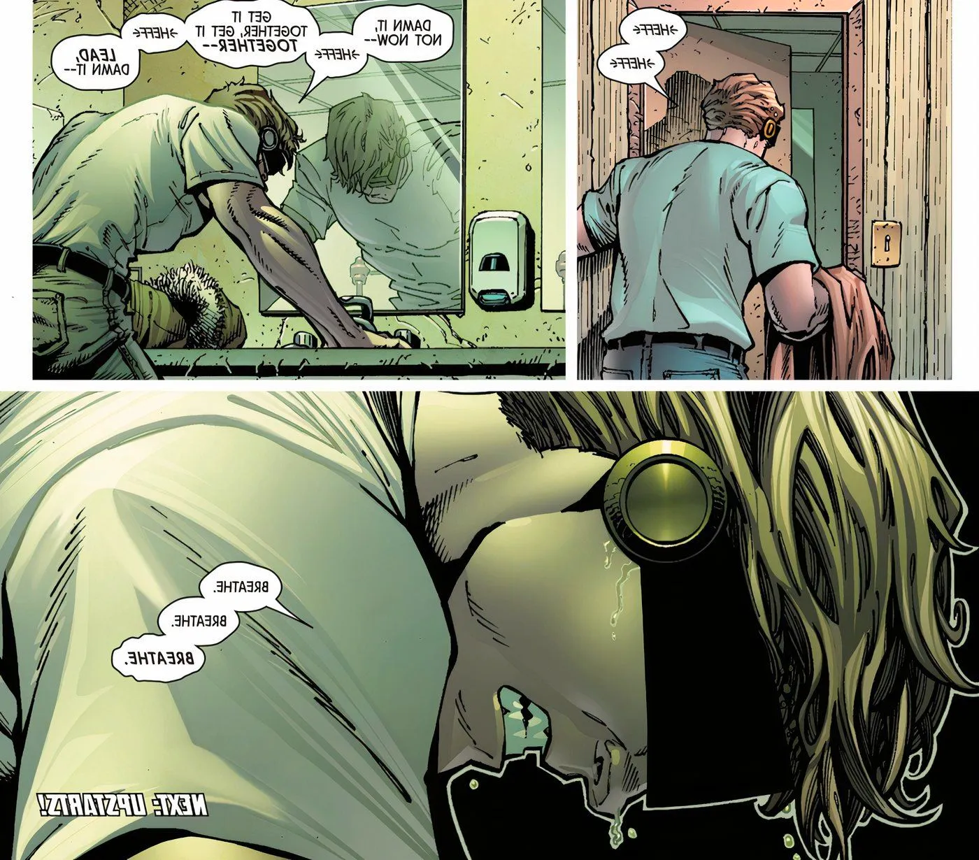 Cyclops having a panic attack in a bathroom. Image