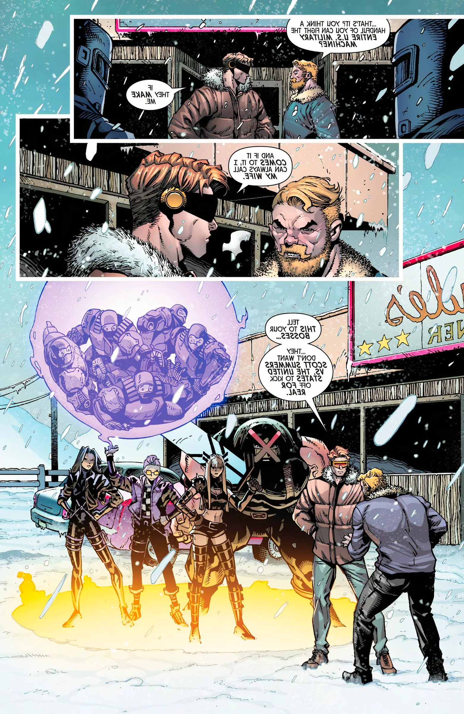 Cyclops, Juggernaut, Magik, Kid Omega, and Psylock stand in front of O*N*E* Agent Lundqvist.  Image