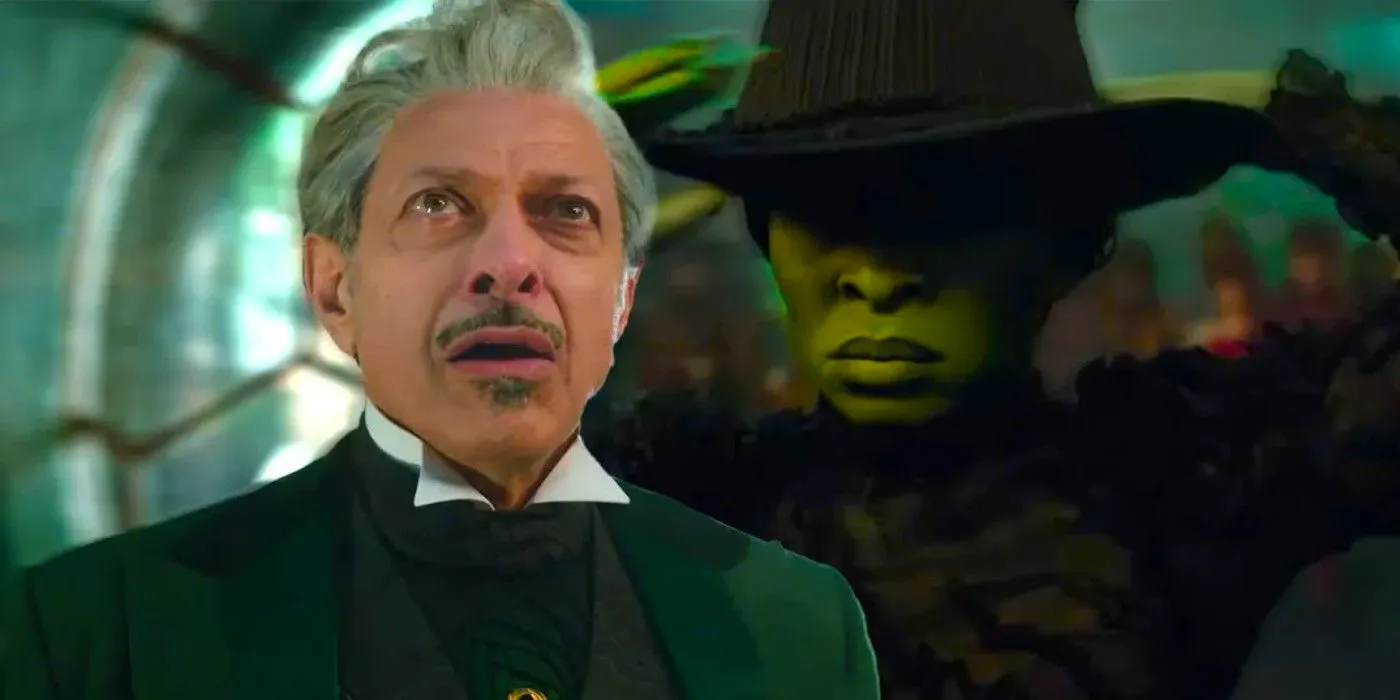 Cynthia Erivo as Elphaba putting her hat on and Jeff Goldblum as the Wizard looking stunned in the Wicked trailer Image