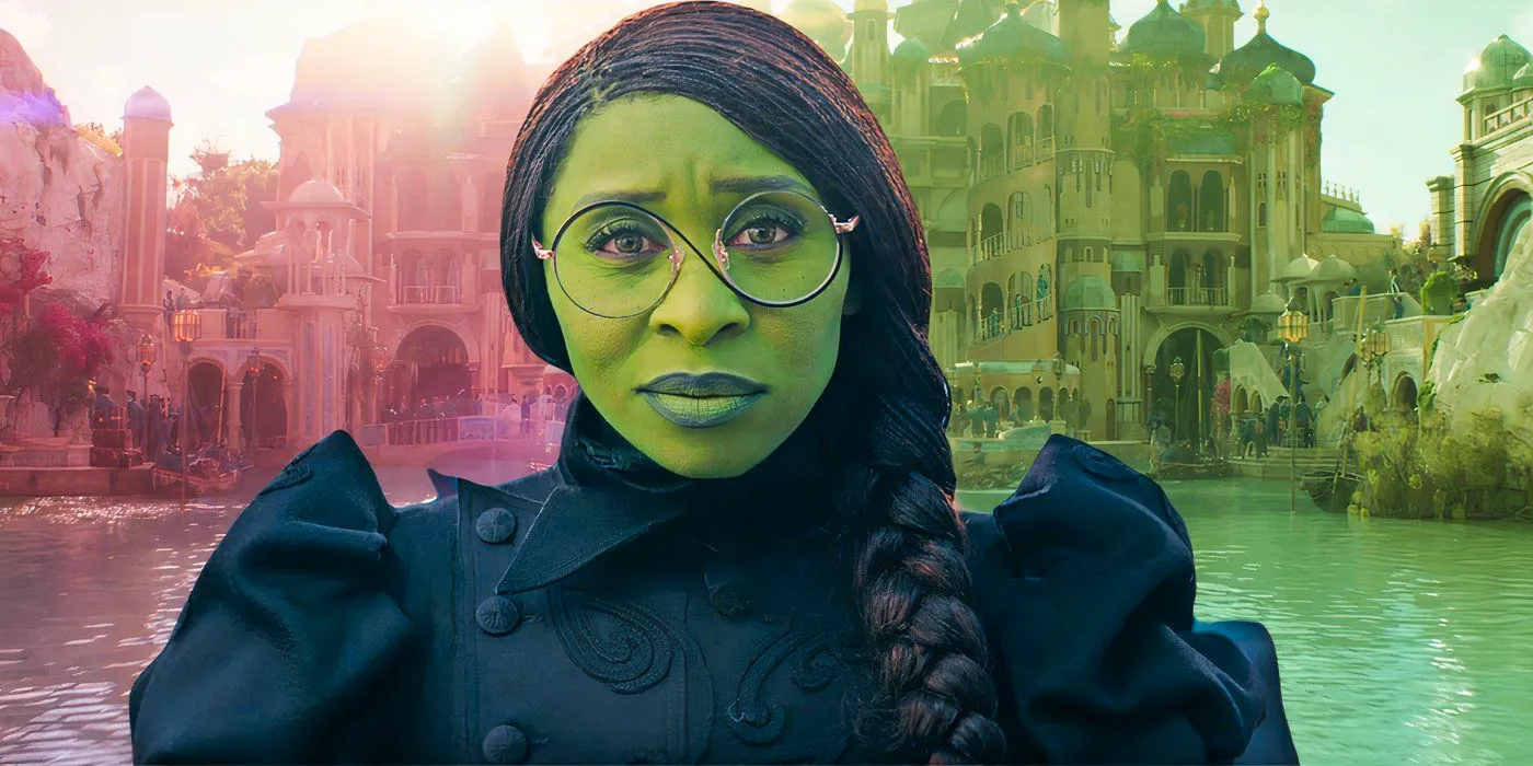 Cynthia Erivo as Elphaba wearing glasses and looking bemused in Wicked Image