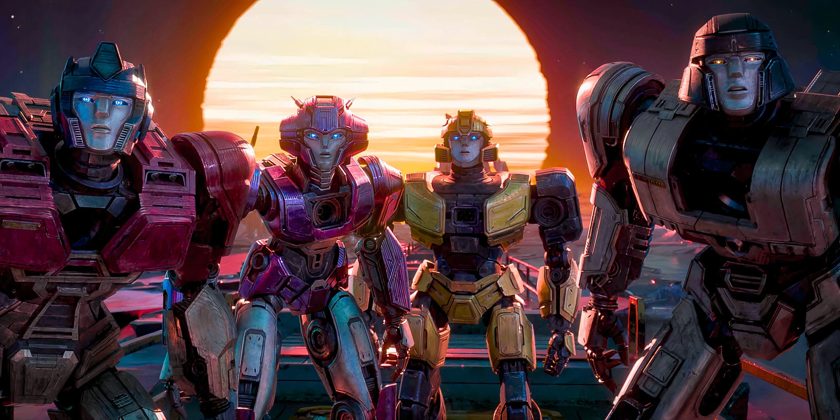 D-16, Bumblebee, Elita, and Orion Pax look stunned in Transformers One Image