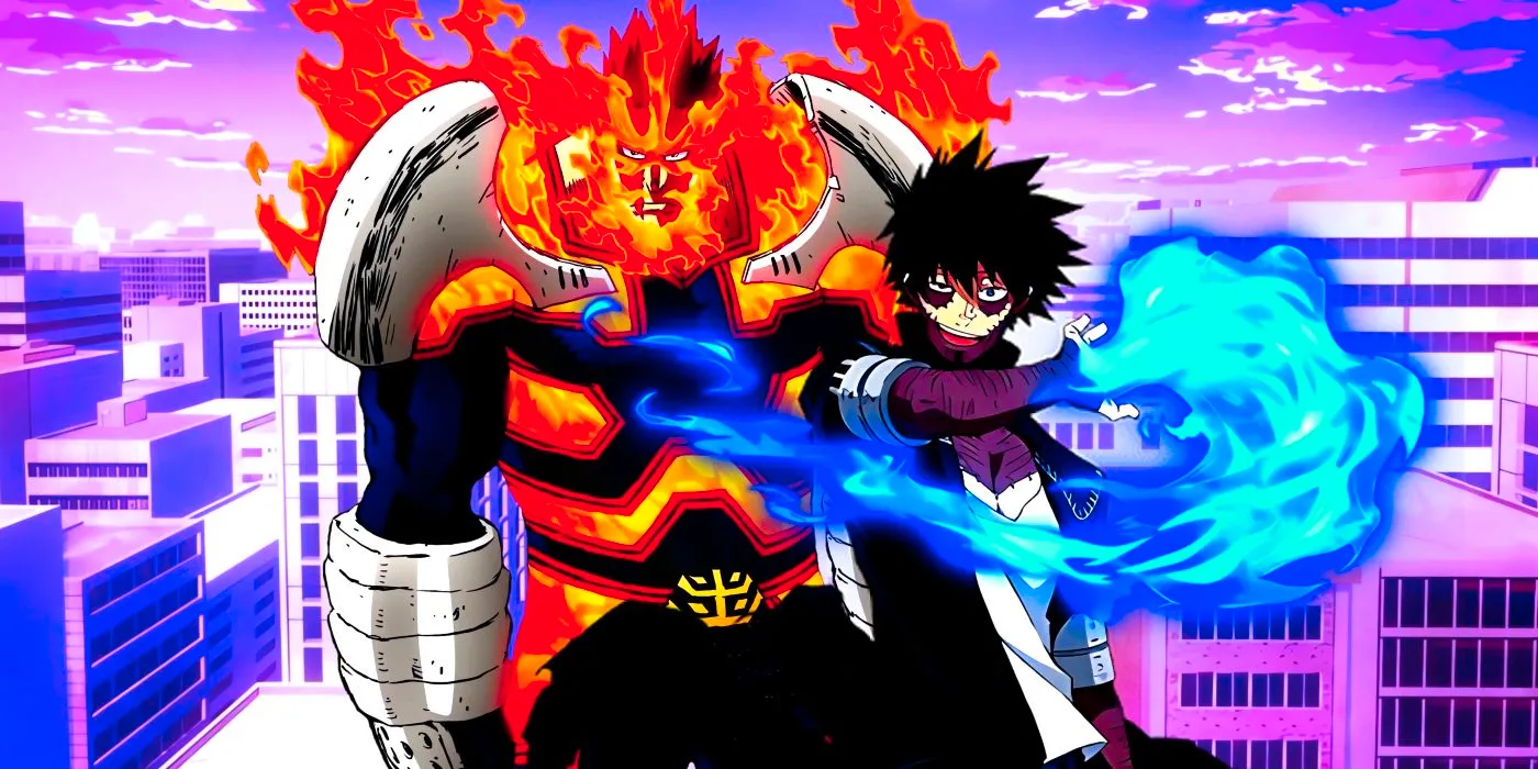 Dabi and Endeavor standing side by side using their respective Quirks.  Image