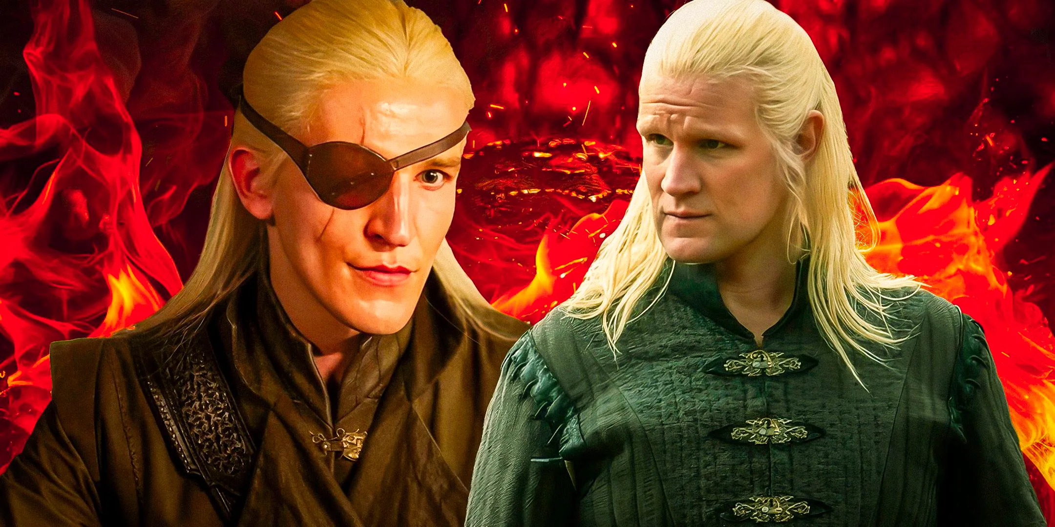 Daemon Targaryen (Matt Smith) and Aemond Targaryen (Ewan Mitchell) in House of the Dragon with a flame background Image