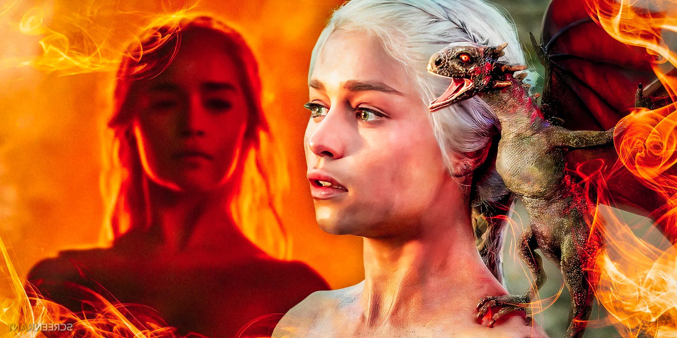 Daenerys Targaryen (Emilia Clarke) with baby Drogon in Game of Thrones season 1, episode 10, and surrounded by fire in season 6, episode 4 Image