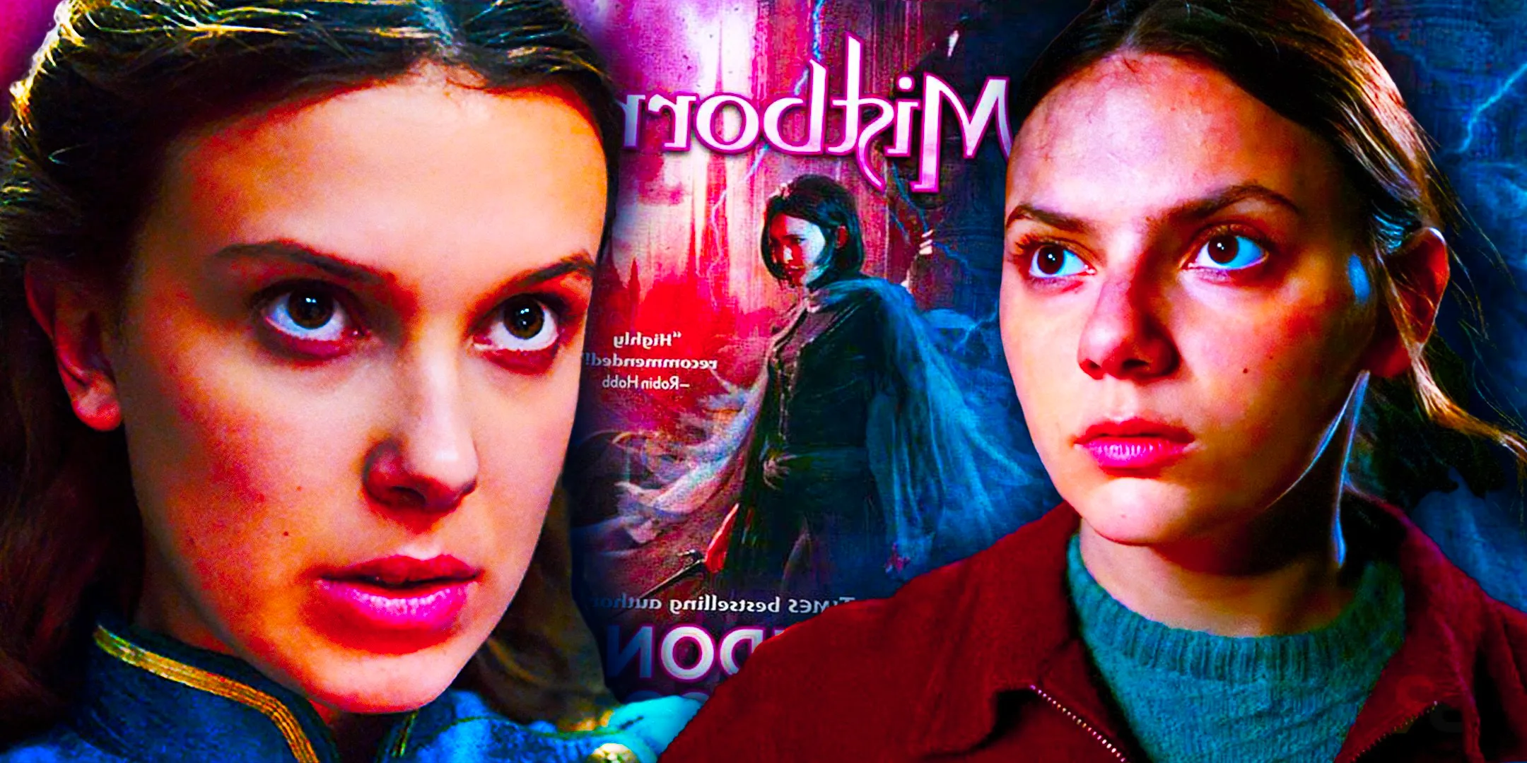 Dafne Keen as Lyra in His Dark Materials and Millie Bobby Brown over an image of the Mistborn cover with Vin on it Image