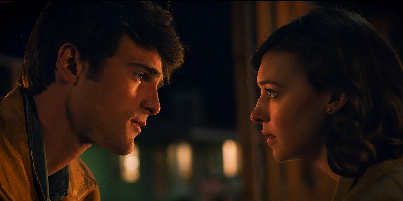 Daisy Edgar-Jones and Jacob Elordi look at each other in On Swift Horses still Image