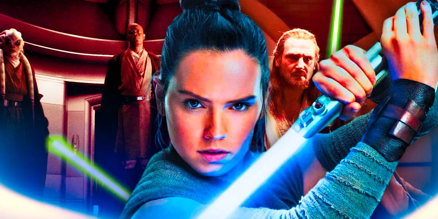 Daisy Ridley as Rey holding up her blue lightsaber in front of her with Qui-Gon Jinn, Mace Windu, and Kit Fisto wielding their lightsabers in the background Image