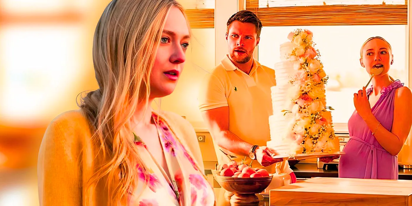 Dakota Fanning as Abby looking shocked collaged with Abby (Fanning) and Jack Reynor as Thomas Winbury stealing a wedding cake in The Perfect Couple Image