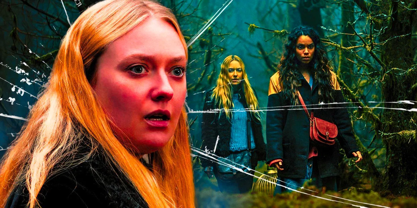 Dakota Fanning looking shocked as Georgina Campbell with imagery from The Watchers behind her Image