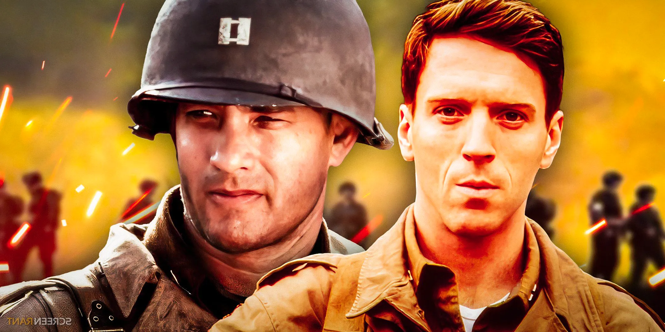 Damian Lewis in Band of Brothers and Tom Hanks in Saving Private Ryan in front of soldiers. Image