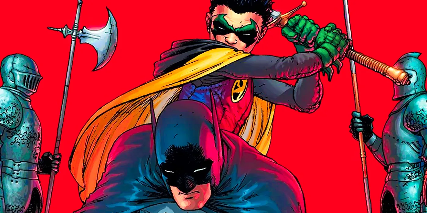 Damian Wayne aiming a sword at Batman in DC Comics and The Brave and the Bold Image