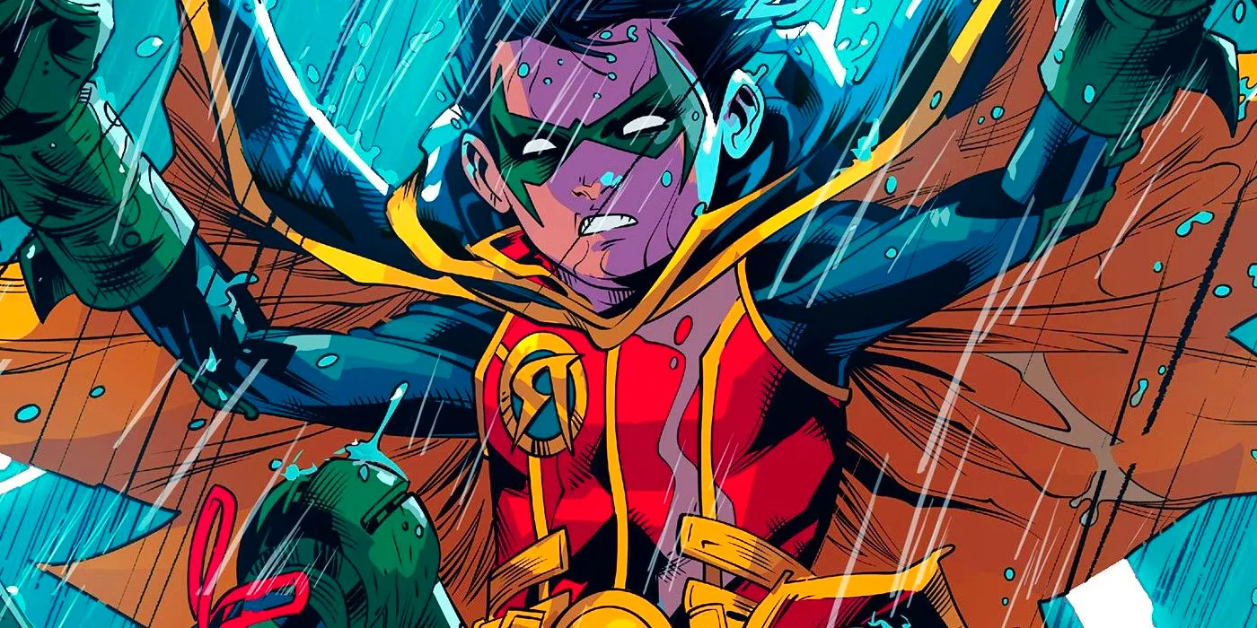 Damian Wayne as Robin in the pouring rain in DC Comics Image