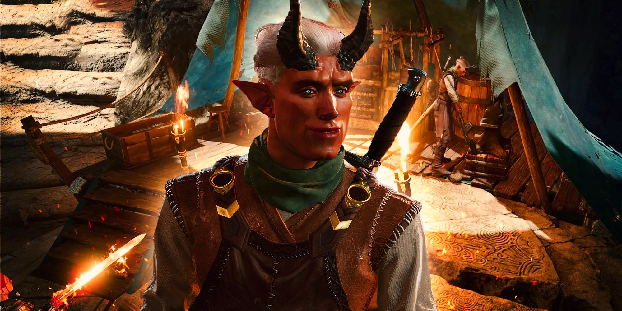 Dammon, the tiefling blacksmith, stands in front of an in-game shack. In the corner, there's a small peek at a still-red-hot sword off his forge. Image