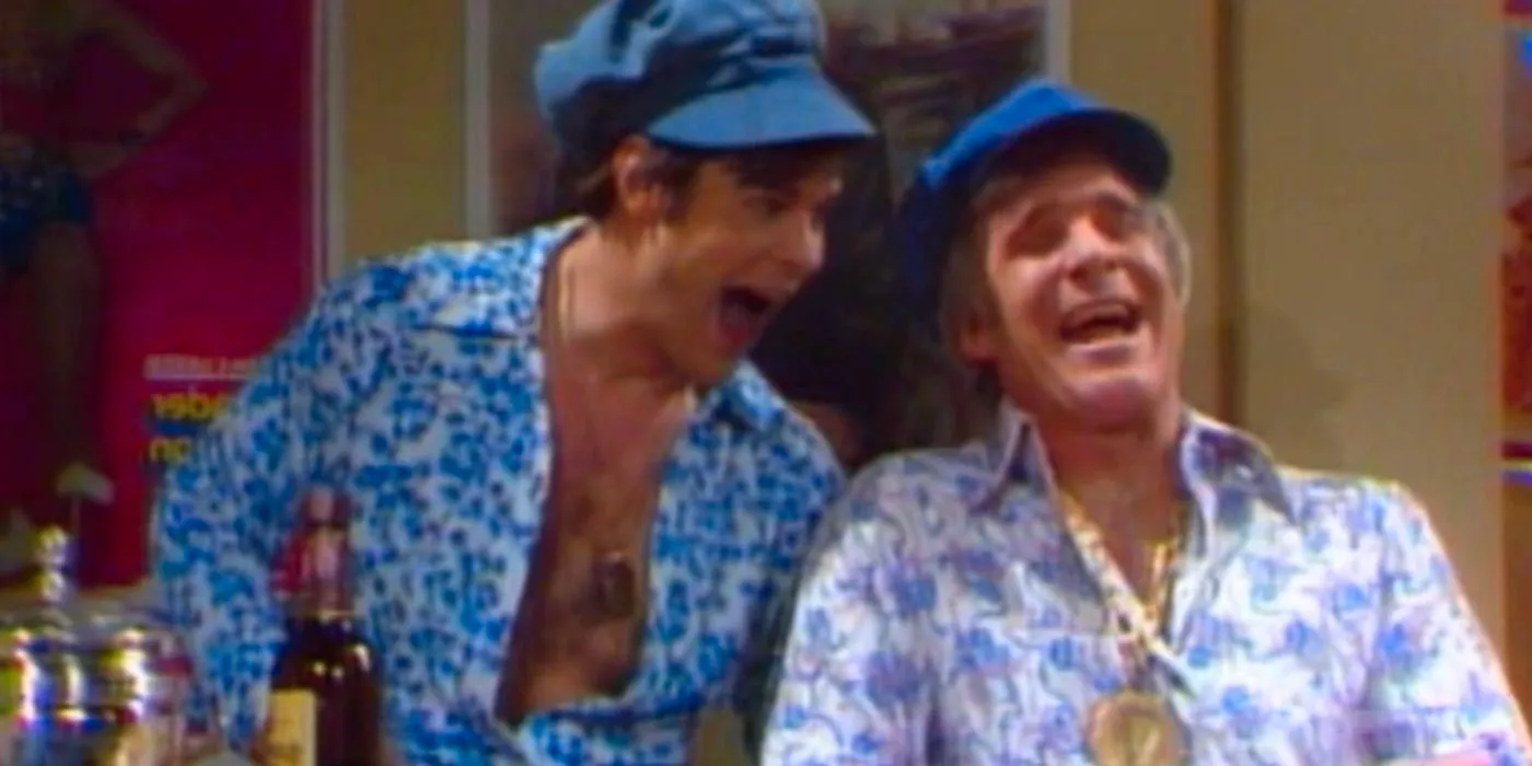 Dan Aykroyd and Steve Martin laugh as the Festrunk Brothers on SNL Image