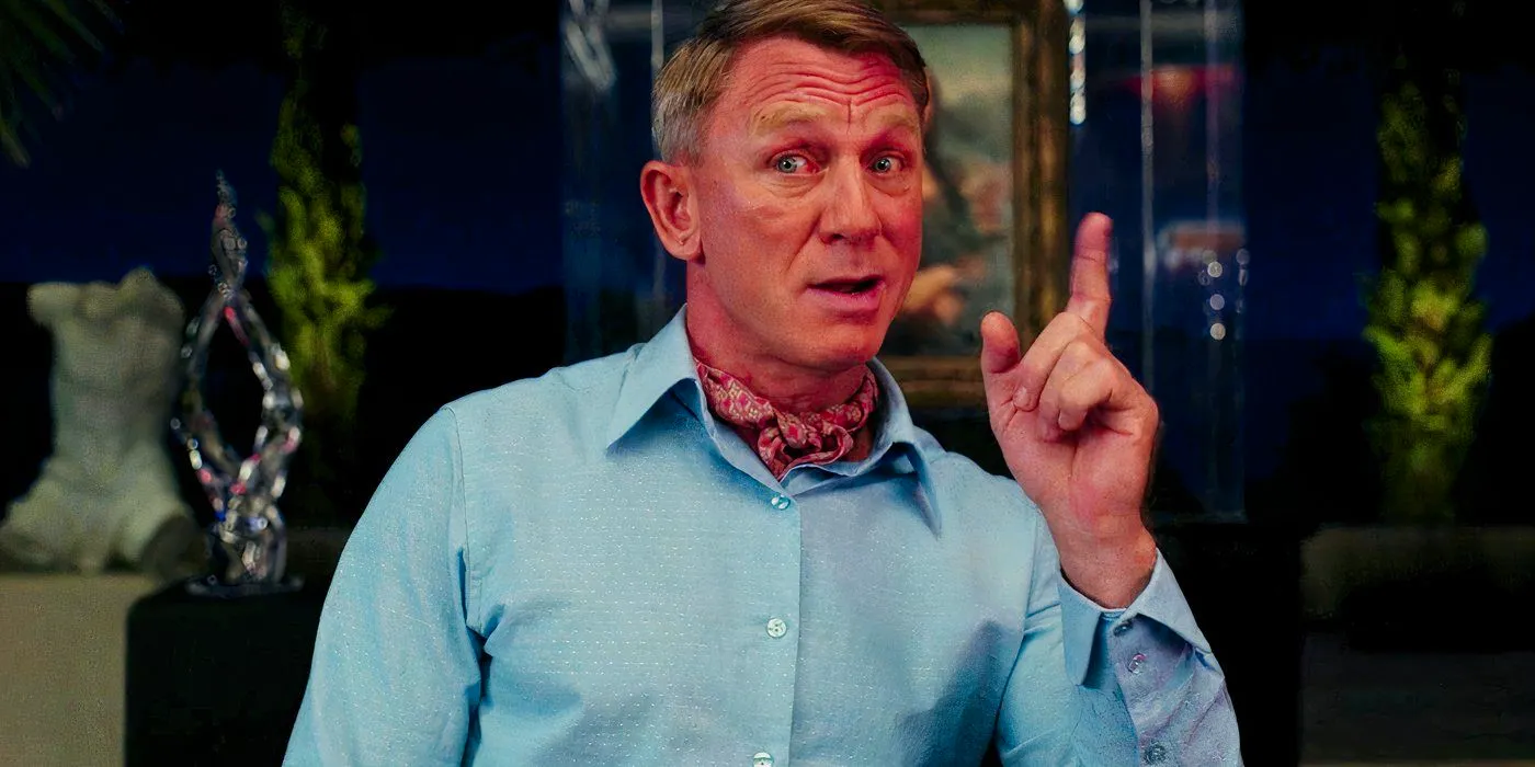 Daniel Craig as Benoit Blanc Holds Up a Finger in Glass Onion A Knives Out Mystery Image