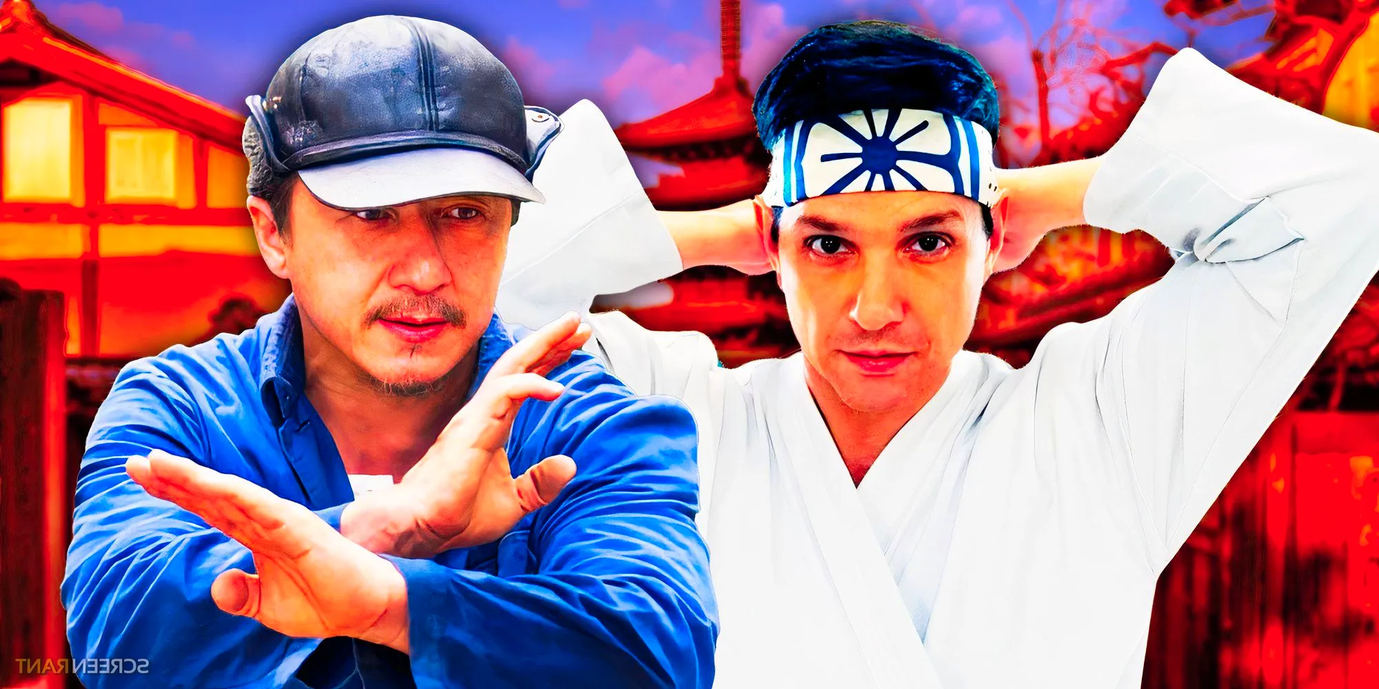 Daniel LaRusso from Cobra Kai and Mr. Han from Karate Kid 2010 in front of a dojo. Image