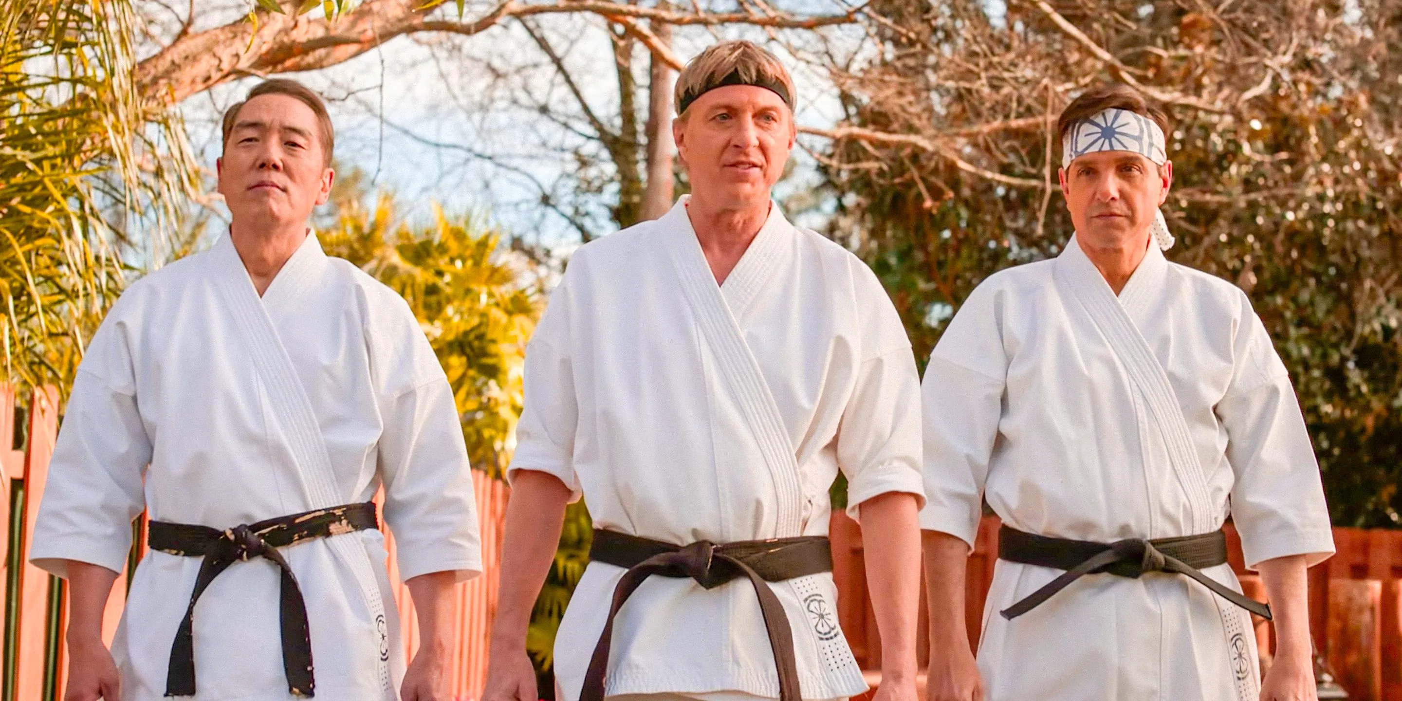 Daniel LaRusso (Ralph Macchio), Johnny Lawrence (William Zabka) and Chozen (Yuji Okumoto) as the sesnseis of Miyagi-Do in Cobra Kai season 6 Image