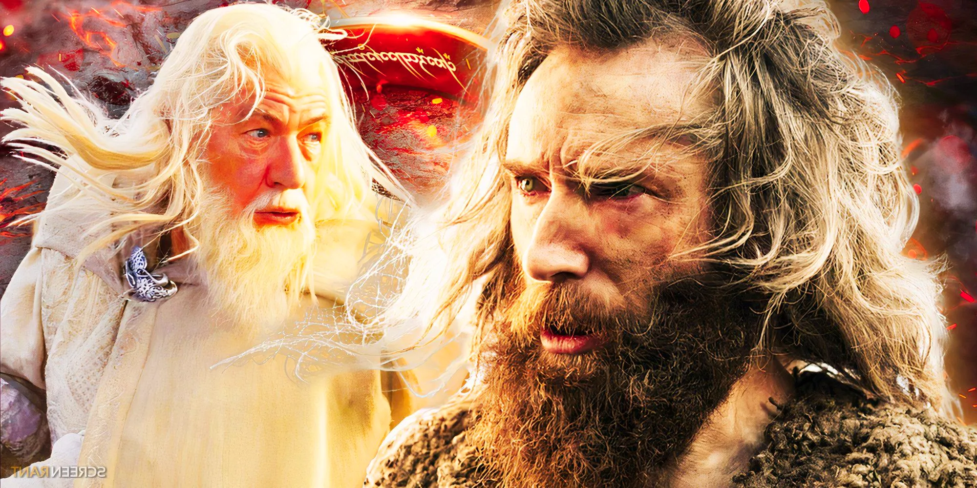 Daniel Weyman as The Stranger from The Rings of Power and Ian McKellen as Gandalf from Lord of the Rings. Image