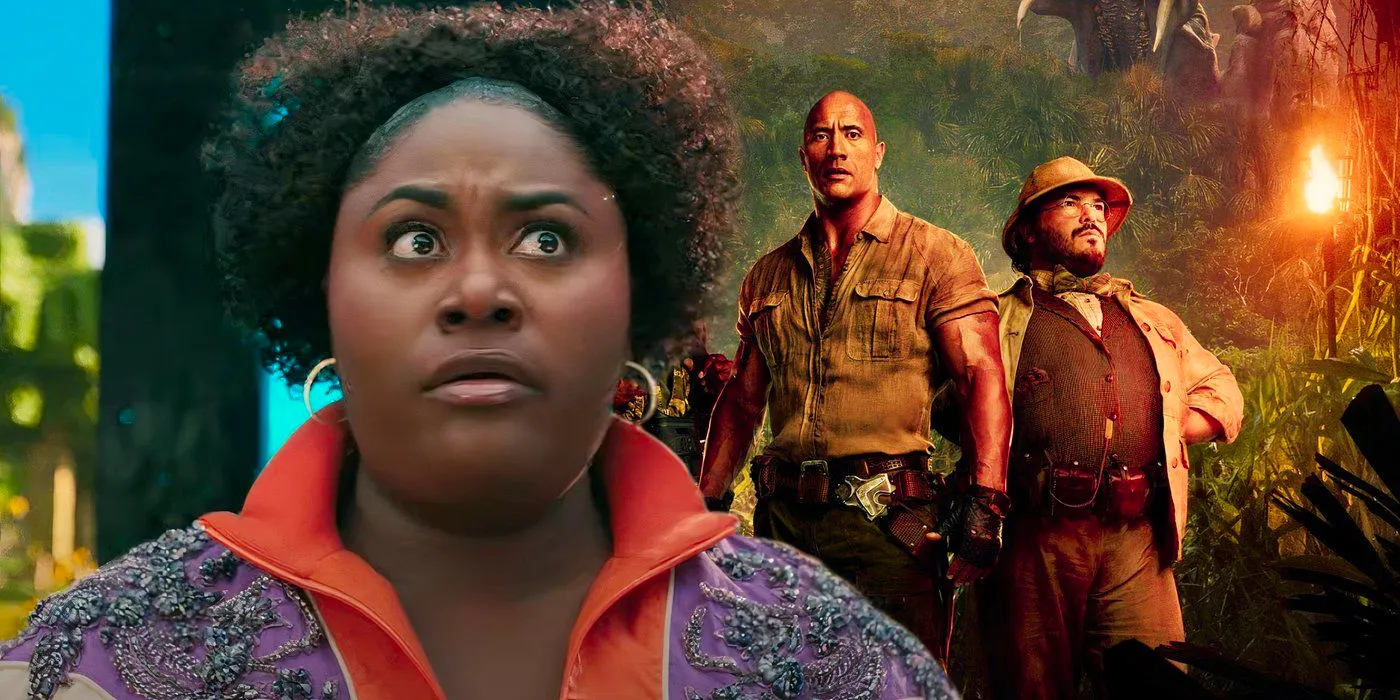 Danielle Brooks looking shocked in A Minecraft Movie (2025) next to the poster for Jumanji: Welcome to the Jungle (2017) Image