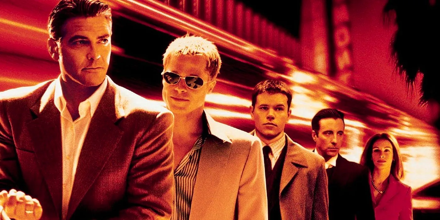 Danny (George Clooney), Rusty (Brad Pitt), Linus (Matt Damon), Terry (Andy Garcia), and Tess (Julia Roberts) in a poster for Ocean's Eleven Image