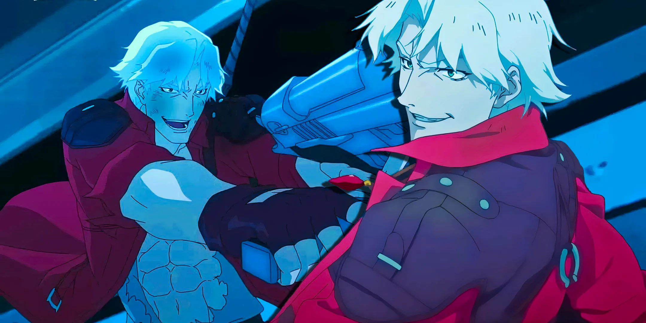 Dante from devil may cry smiling with dante wielding a weapon in the background Image