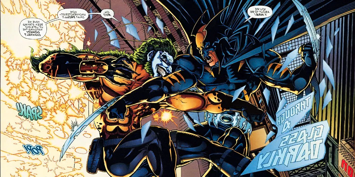 Dark Claw slashes at Hyena as they fight and smash through a window high above the city Image