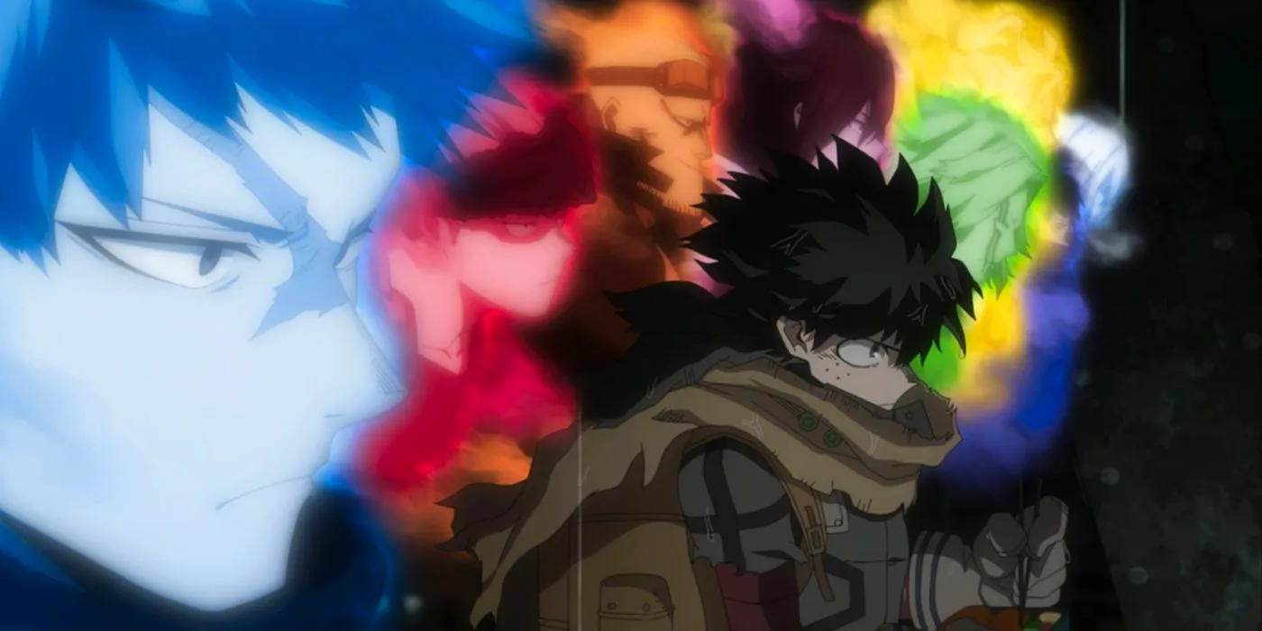 Dark deku with the vestiges of the previous users on One For All behind him Image