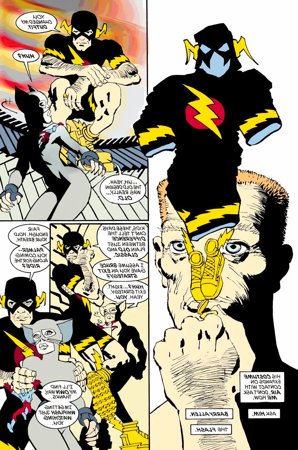 Dark Knight Strikes Again Flash revealing his ring costume then putting it on and talking to Catwoman Image