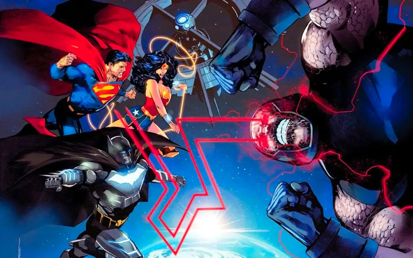 darkseid battles the justice league trinity of wonder woman, superman and batman Image