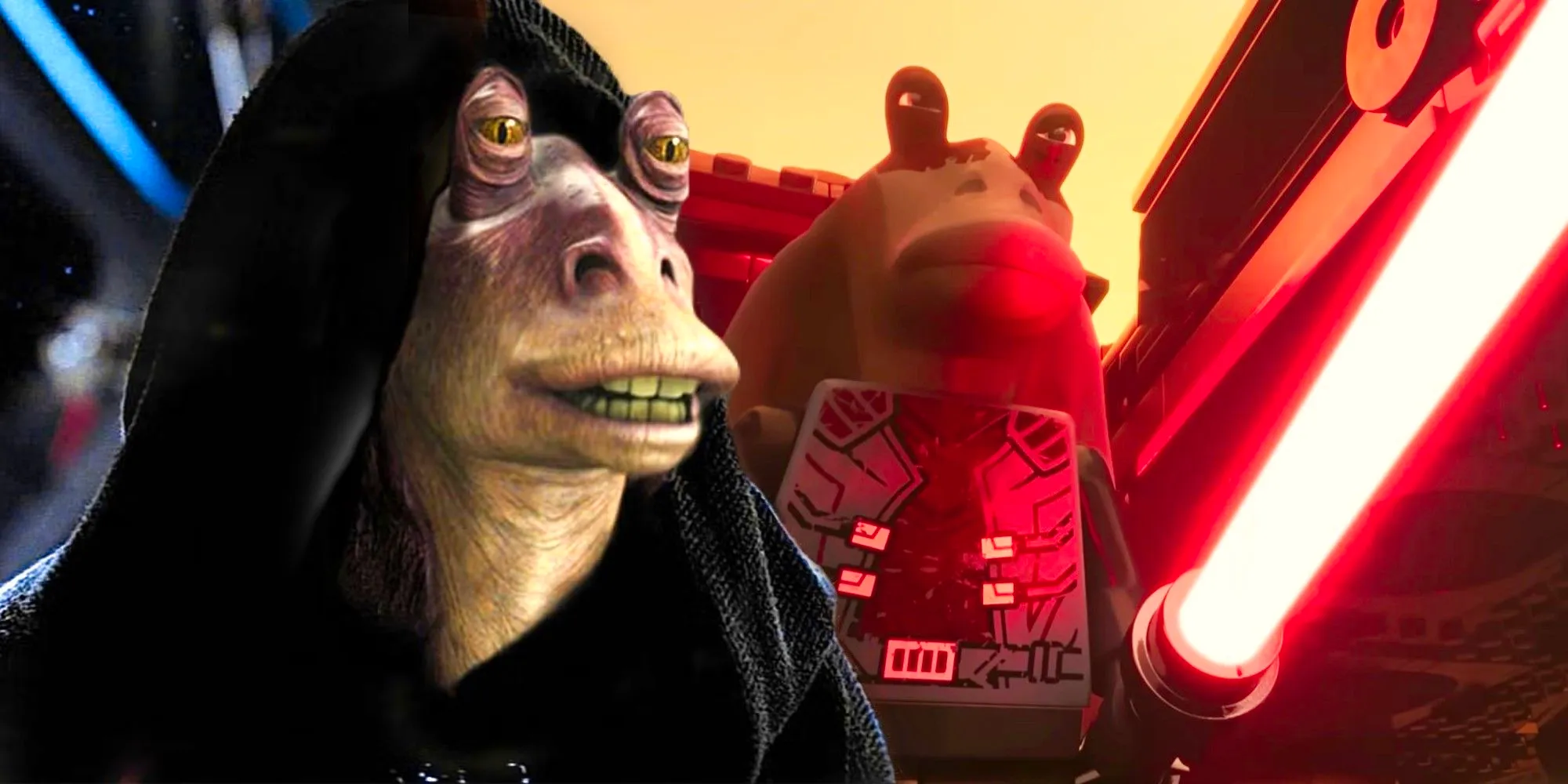 Darth Jar Jar wielding a red lightsaber in LEGO Star Wars: Rebuild the Galaxy next to live-action Jar Jar Binks photoshopped into Palpatine's hood Image