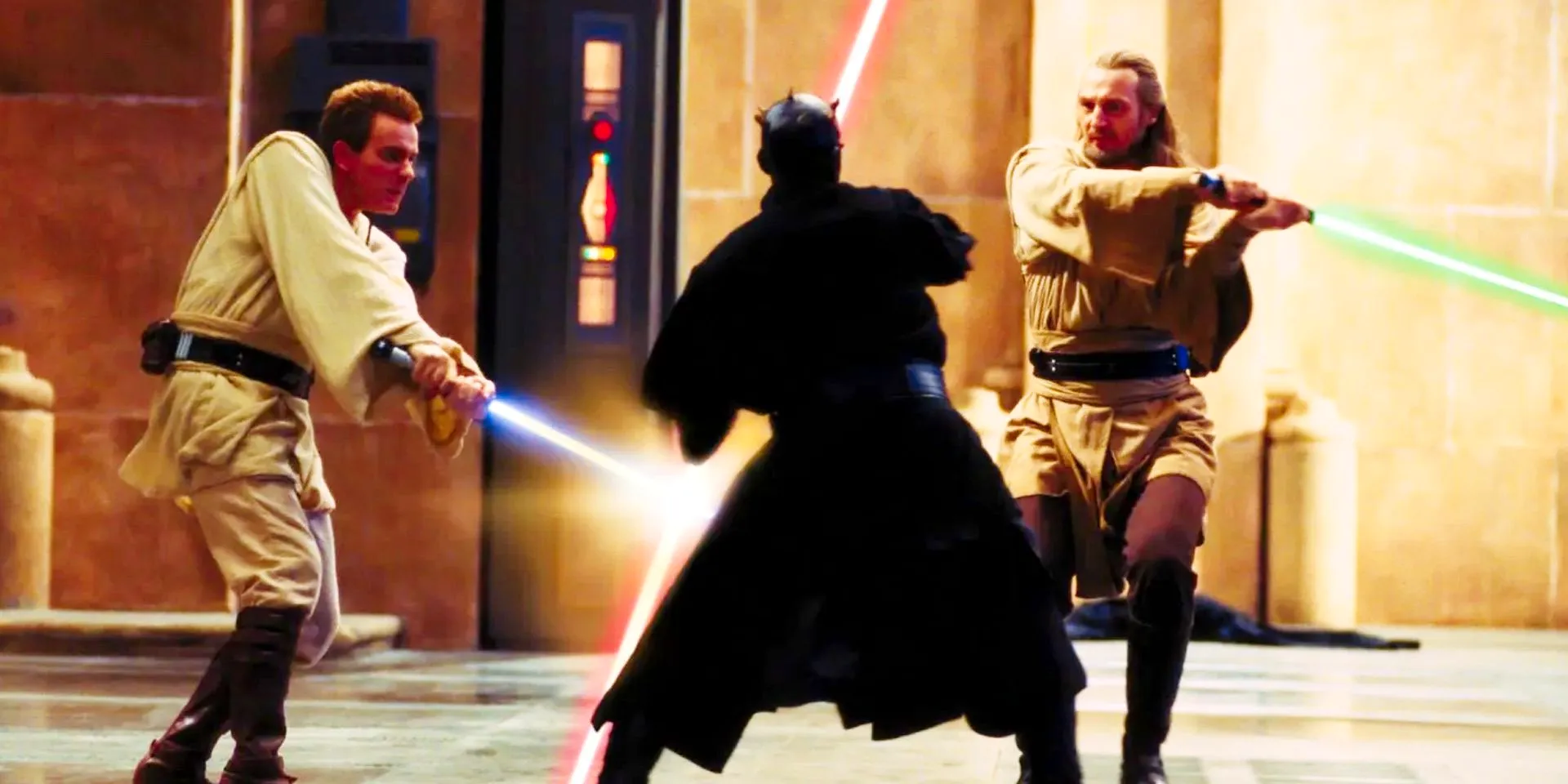 Darth Maul, Obi-Wan Kenobi, and Qui-Gon Jinn duel with their lightsabers in The Phantom Menace. Image