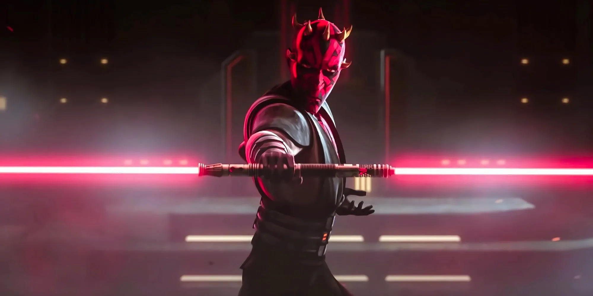 Darth Maul stands ready to fight with his duel bladed lightsaber ignited in The Clone Wars Image