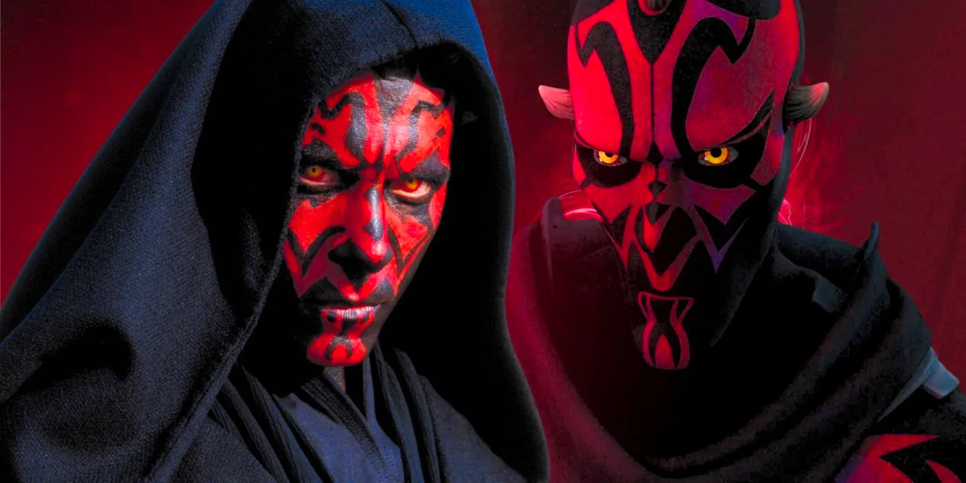 Darth Maul stares menacingly in The Phantom Menace and Star Wars Rebels Image