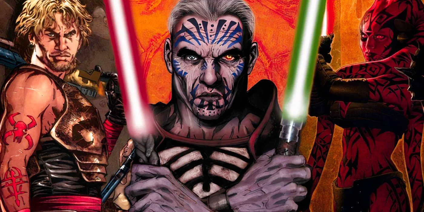 Darth Talon, Darth Krayt, and Cade Skywalker standing side-by-side in Star Wars Legacy. Image