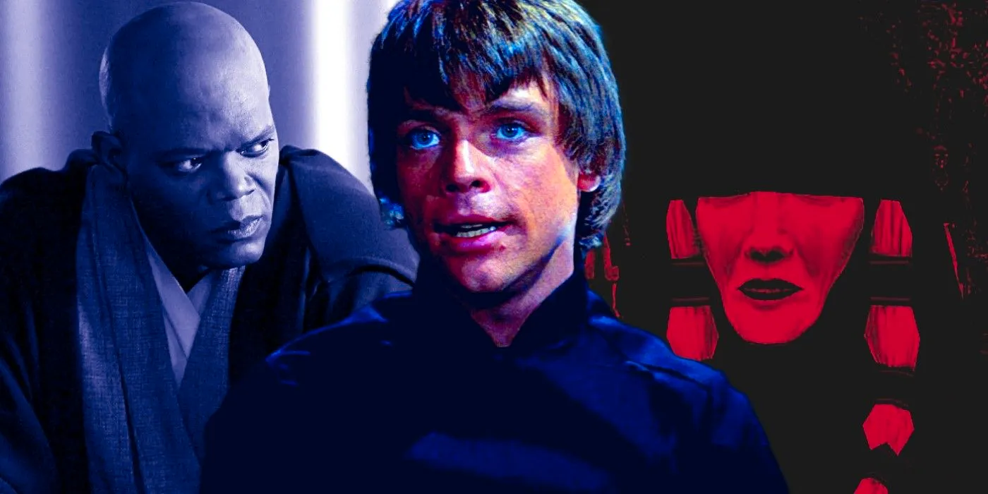 Darth Traya in Star Wars: Knights of the Old Republic II - The Sith Lords; Luke Skywalker in Return of the Jedi; Mace Windu in Star Wars: Episode III - Revenge of the Sith. Image