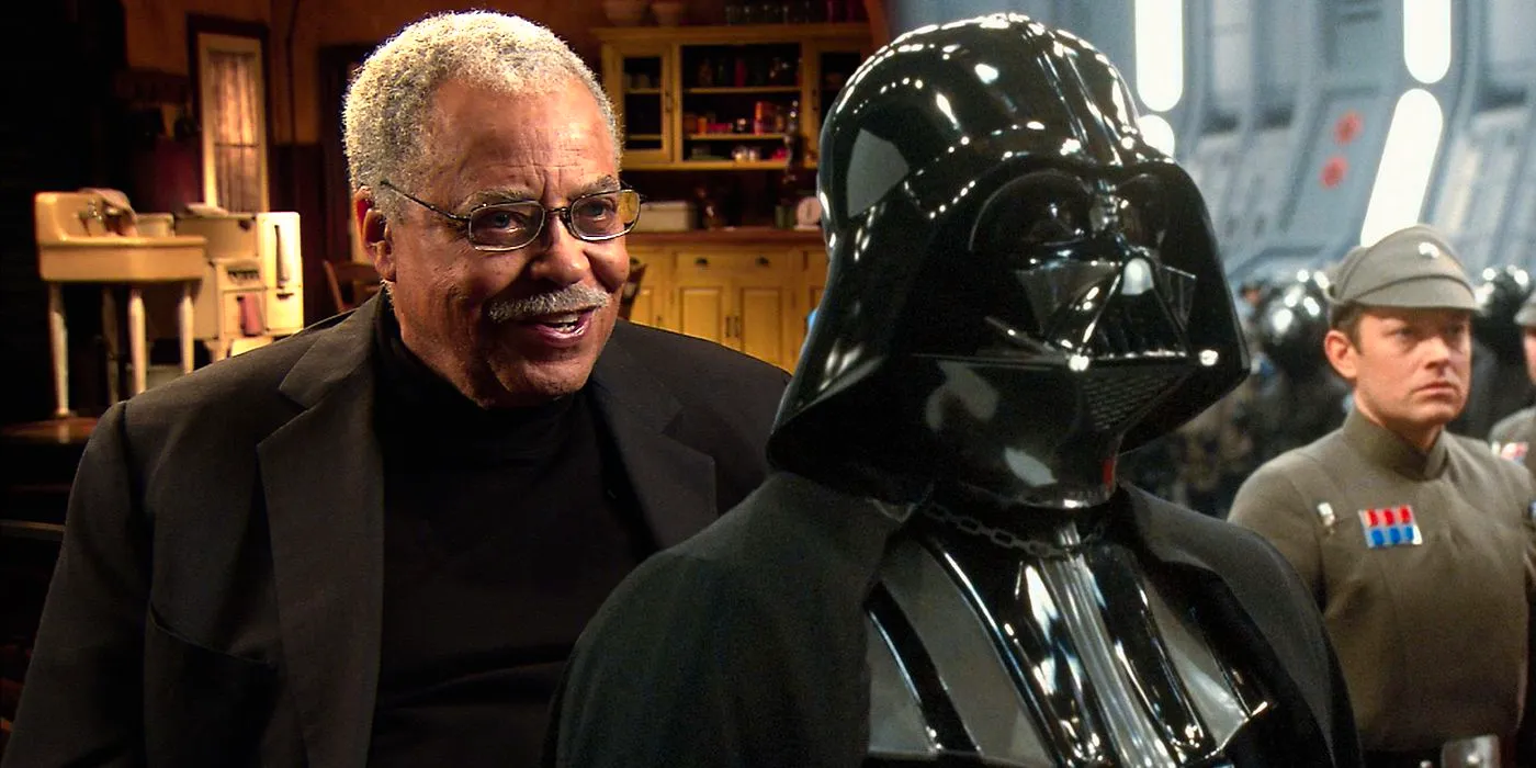 Darth Vader alongside other Empire soldiers next to an image of James Earl Jones smiling Image