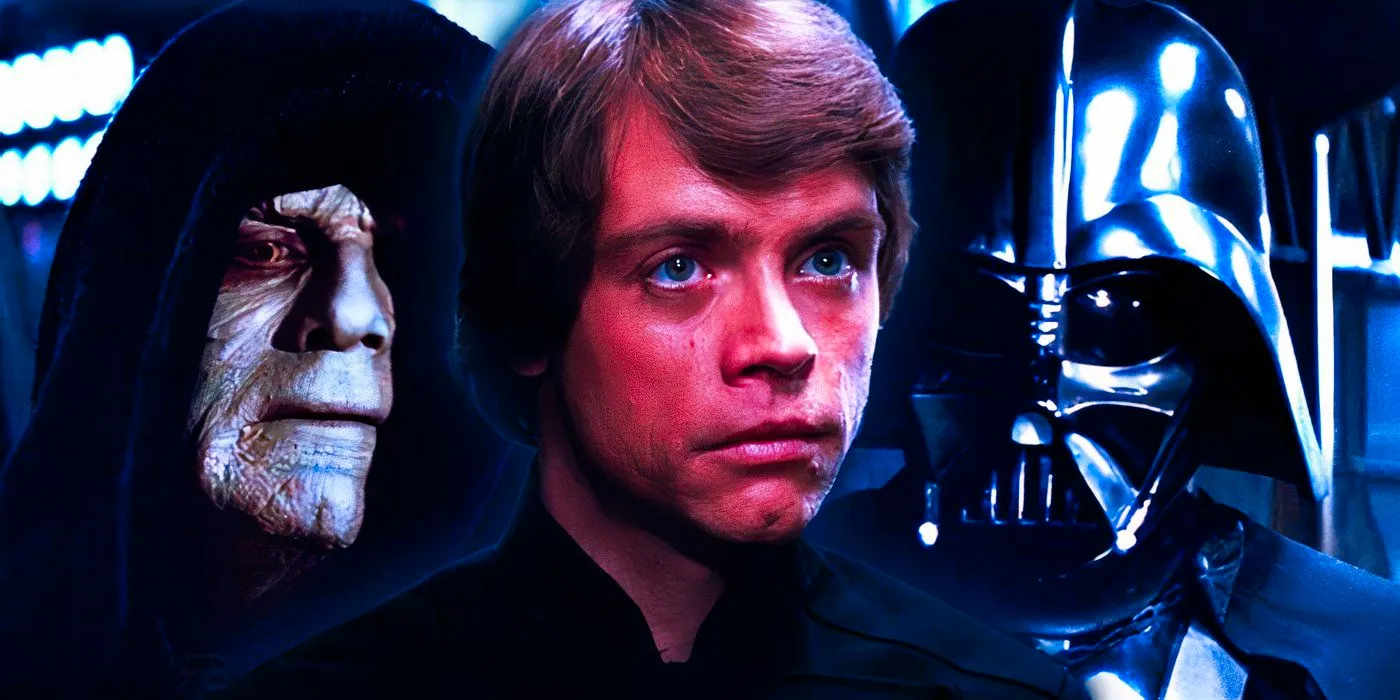 Darth Vader, Emperor Palpatine, and Luke Skywalker standing next to each other. Image