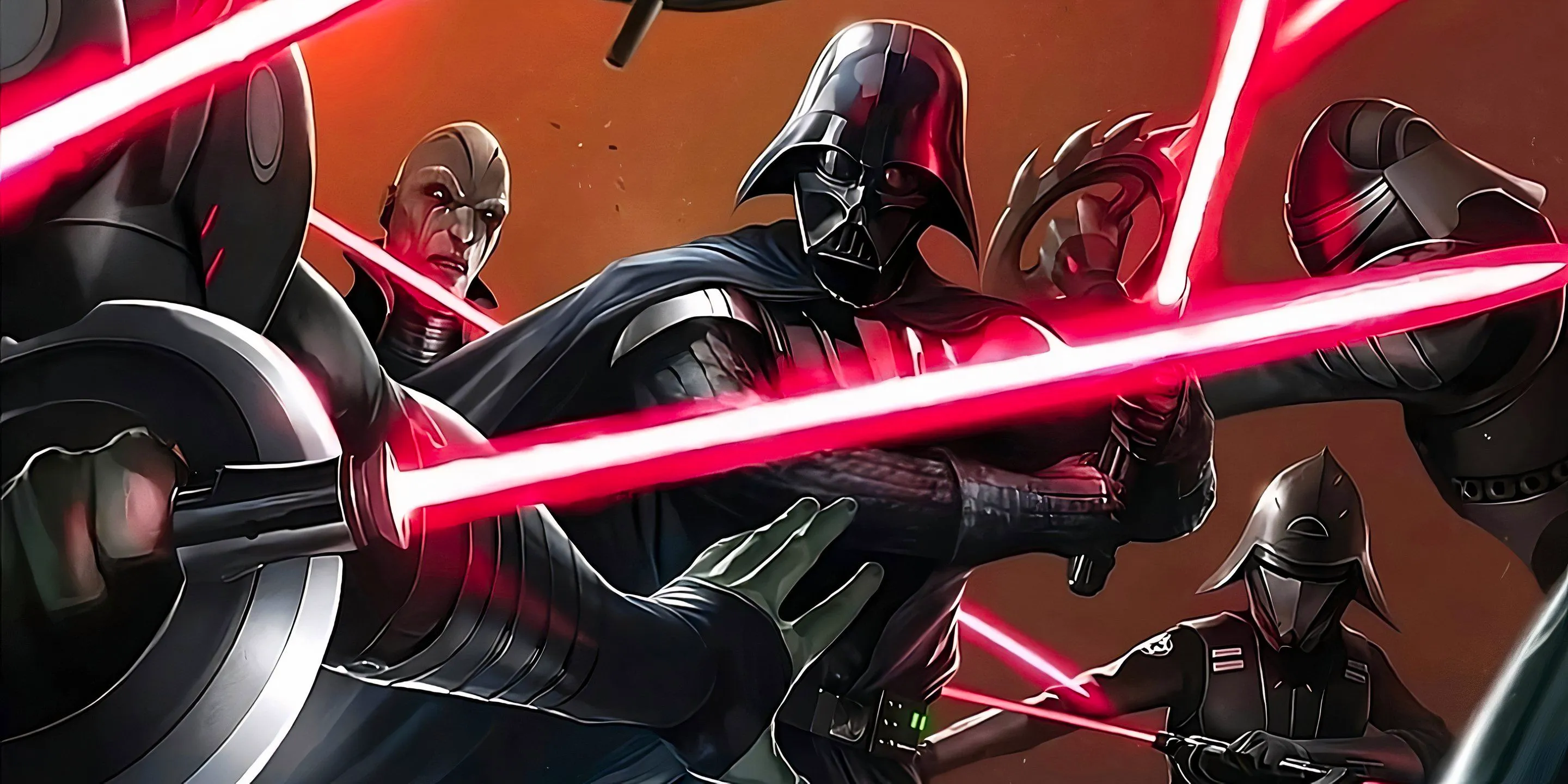 Darth Vader is surrounded by Inquisitors with their lightsabers drawn. Image