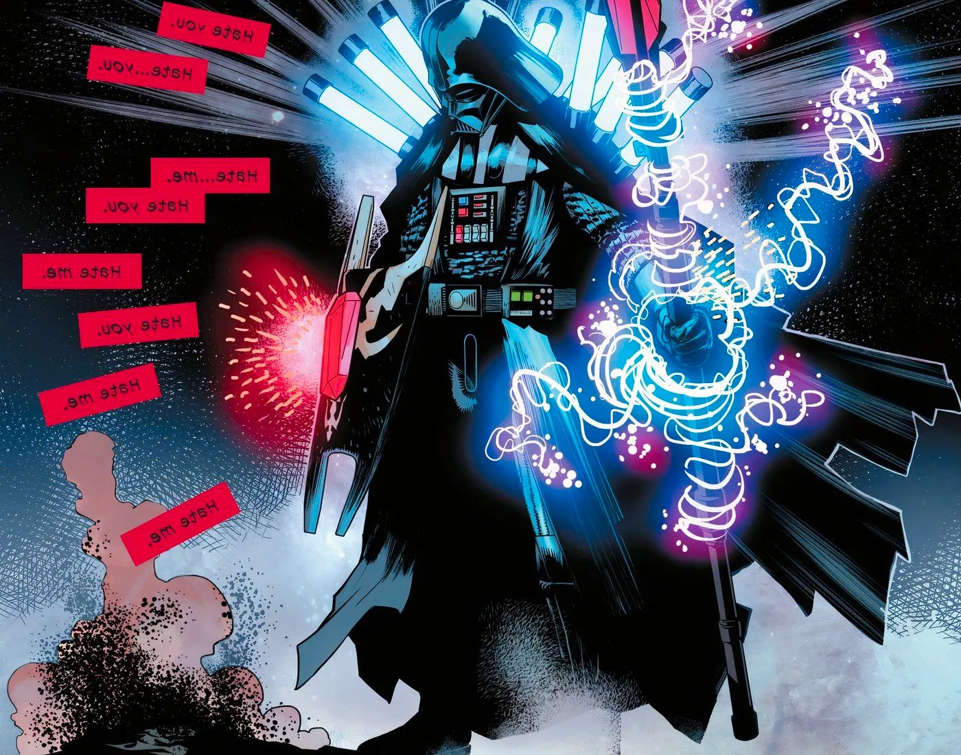 Darth Vader standing over the ashes of Emperor Palpatine. Image