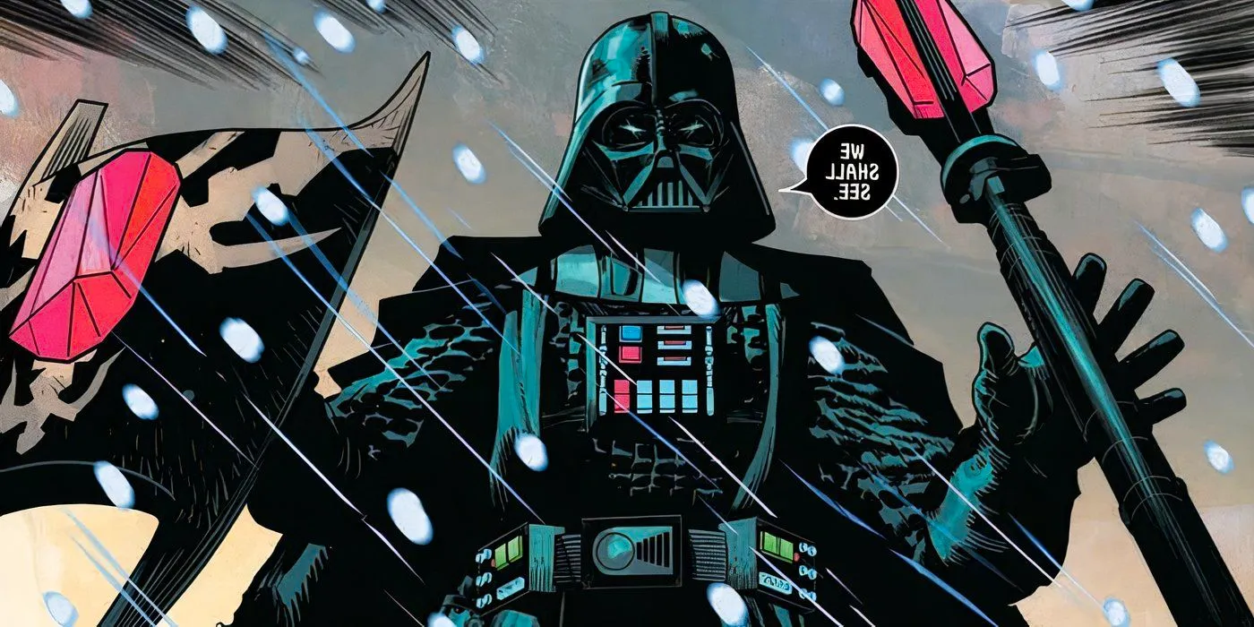 Darth Vader wielding his kyber-upgraded electrostaff and Zaly Shield. Image